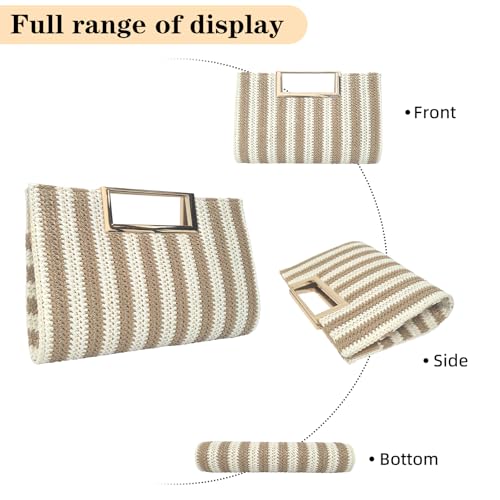 Image of Women's Straw Raffia Clutch Purse, Top Handle Woven Handbag with Crossbody Strap, Summer Beach Shoulder Bag