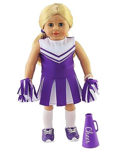 Image of Purple Cheerleader Outfit Cheerleading Uniform with Dress, Bloomers, Poms, Megaphone, Socks, and Shoes | Fits 18 inch American Girl Dolls, Madame Alexander, Our Generation, etc. | 18 Inch Doll Clothes