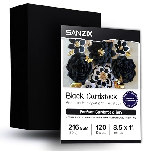 Image of SANZIX 120 Sheets Black Cardstock Paper 8.5 x 11 80lb/216 GSM Cover Card Stock for Invitations, Drawing, Menus, Halloween Decorations, DIY Cards, Scrapbook, Calligraphy | Heavyweight Printer Paper