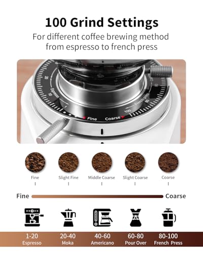 Image of SHARDOR Professional 64mm Burr Coffee Grinder with 100 Grind Settings and All-Metal Chamber, Coffee Bean Grinder with Adjustable Electronic Timer and LED Display, Anti-Static, White, 120V Only