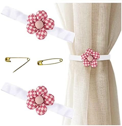 2 Stück Schachbrett-Blumen-Vorhang-Raffhalter, kariert, Blumen-Vorhanghalter, Vorhang-Ringe, Vorhanghalter, Rosa