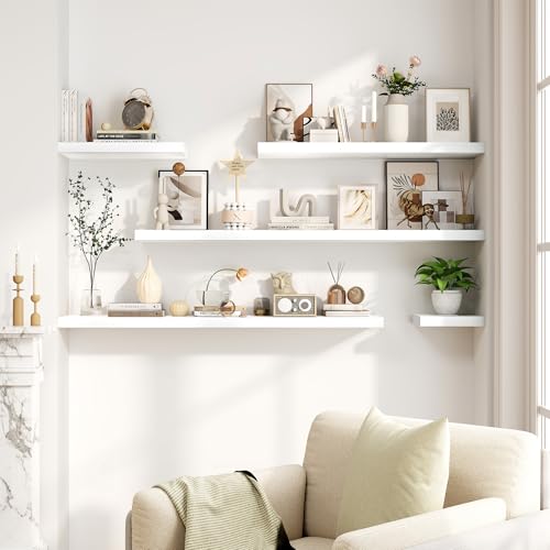 Fun Memories White Floating Shelves 16 Inch Long, 8 Deep Floating Shelf Wall Mounted, 16 x 8 Inch Wooden Bathroom Shelves, Deep Storage Shelves for Living Room, Kitchen, Set of 2