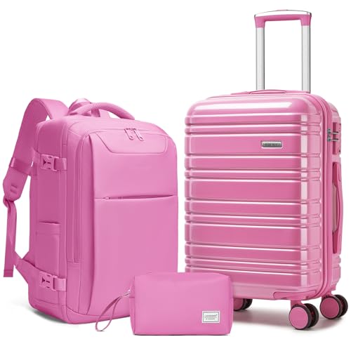 Image of LARVENDER Carry on Luggage Sets 3 Piece, 20 Inch Suitcases, Glossy Berry | 22x14x9 Airline Approved, Lightweight PC+ABS Hardshell, Smooth 360 Double Wheels, TSA Lock, 3-Piece Set with XL Backpack