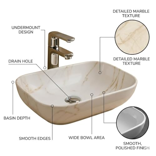 Image of Ceramic Tabletop Wash Basin - Glossy Rectangular Countertop Vessel Sink with Marble Finish for Bathroom & Vanity | Compact 18 x 13 x 5 Inch | Elegant Washbasin