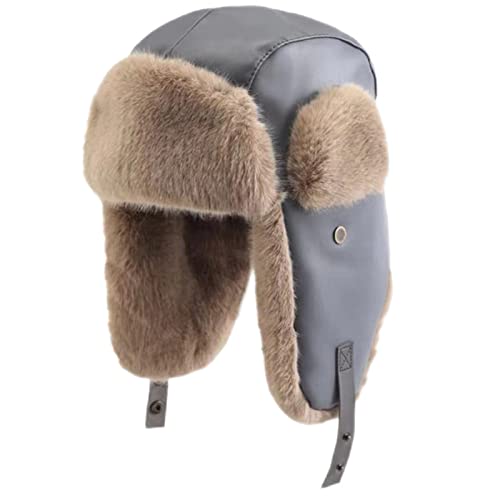 GIBZ Chapeau de Trappeur Femme Chapka Hiver Fausse Fourrure Trooper Bonnet Russe Casquette en Cuir, Gris Cover