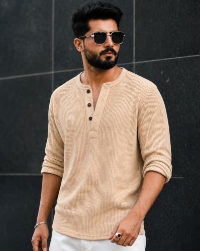 Image of AUSK Men's Waffle Knit Henley T-Shirt | Cotton Blend Full Sleeve Textured Casual T Shirt | Regular Fit Button Placket Round Neck Tshirt for Men