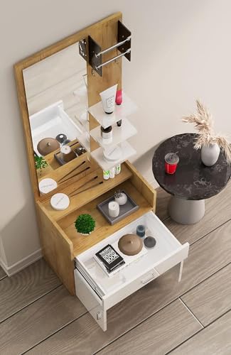 Image of Bniture Engineered Wood Dressing Table Mirror with 1-Drawer, Bangle Holder & Hooks | Vanity Mirror with Shelf (Giant Wood & Frosty White)