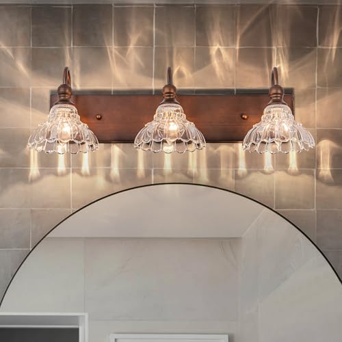Image of EDISLIVE Vintage Vanity Light for Bathroom ORB 3-Light Bath Wall Light Fixture with Clear Flower Glass Shades 26.38 inch E12 Antique Wall Sconce for Bedroom Hallway Living Room Vanity Mirror