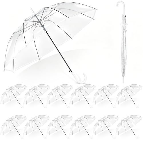 Aodaer 12 Pack 37.4 Inch Clear Umbrellas for Wedding Large White Transparent Umbrella Dome See Through with White Handle for Ladies Mens Unisex Party Parasol Rain