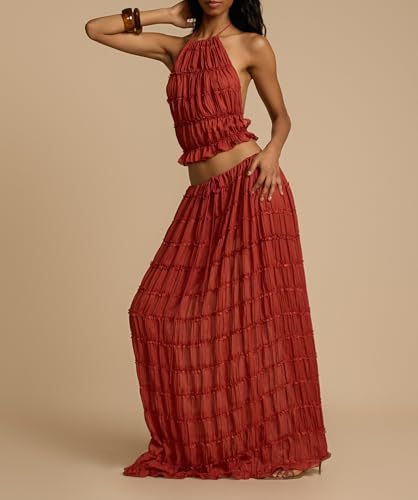 Image of Women Y2K Skirt Set Outfits Strapless Crop Top Bodycon Midi Skirt Dress Sexy 2 Piece Knit Outfits Skirt Summer