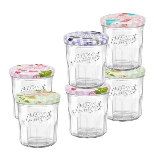 Le Parfait Jam Jars Clear Canning Jars w/Colorful Airtight Metal Lids | Sturdy French Faceted Non-Slip Glass Body | Works for Jam + Jelly Storage, Snacks, Picnic, DIY| 11oz (Pack of 6) 324ml