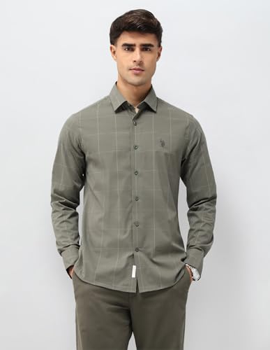 Image of U.S.Polo Association Men's Windowpane Checked Tailored Fit Shirt (USSHTP1090 Green 48)