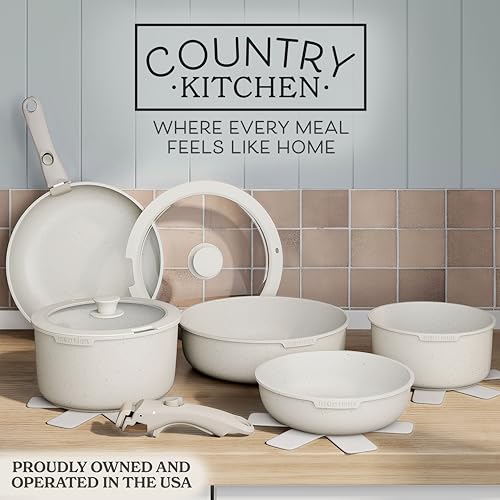 Country Kitchen Oven & RV Safe Pot and Pan Set with Removable Handle, Cream