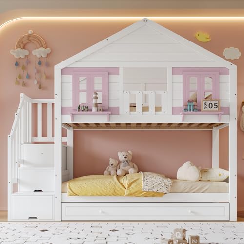 Ktipm Litera de 90x200 con Cama Nido 90x190 cm para 3 Personas, Cama Infantil Litera Matrimonio con Escalera Almacenaje, Hermoso Ventana y Techo, Literas con Barandilla, Sin Colchón, Blanco+Rosa