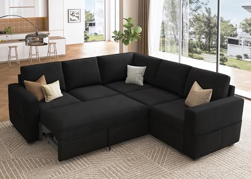 Image of HONBAY Modular Sectional Sleeper Sofa with Pull-Out Bed, Velvet L-Shaped Sofa with Storage Seat, Sectional Sofas for the Living Room, Black