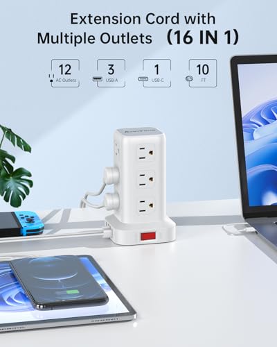 Regleta eléctrica AnnTane con cable de 10 pies, torre con 4 puertos USB (1 USB C), 12 salidas AC miniatura 2