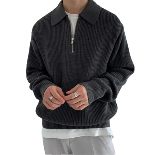 Men Winter Lapel Sweater Warm Knit Pullover Korean Loose Zipper Long Sleeve Sweaters