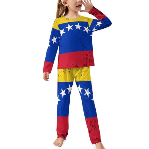 Retro Venezuela FlagChildren's Pajama Set Round Neck Long Sleeve Top + Pants Two-piece Set160CM