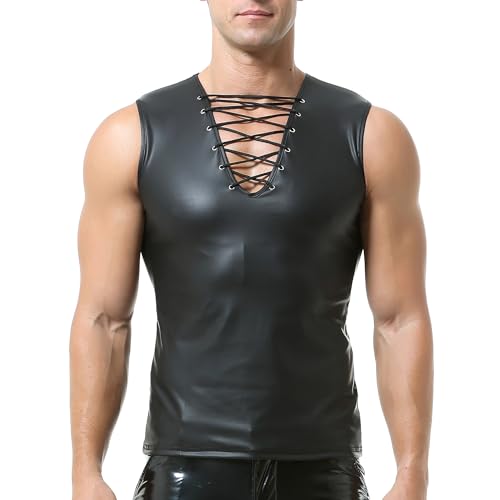 QiaTi Men's Faux Leather Undershirt Wetlook Tank Top Shirt Chest Lace Up Sleeveless Vest Sport Muscle for Men