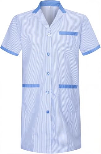 KAIXUAN – BATA SANITARIA UNISEX RAYA MANGA CORTA – BATA DE LABORATORIO HOSPITAL CLÍNICA FARMACIA DE CUELLO SOLAPA – UNIFORME LABORAL ESTÉTICA LIMPIEZA HOSTELERÍA – SERIE T8162 (Azul celeste -4, L)
