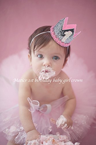 Maticr Sparkled First 1St Birthday Crown Baby Girl Princess Headband Party Supplies For Cake Smash (Silver & Pink) #TOP1