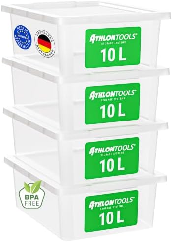 ATHLON TOOLS 4x 10L Aufbewahrungsboxen mit Deckel lebensmittelecht | Ohne Clips 1-Klick-Deckel – 100% Neumaterial Plastikbox transparent, stapelbar