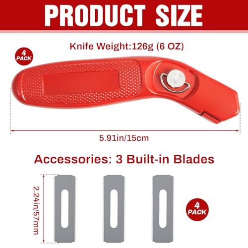 Image of Lasnten 4 Pieces 12 Blades Utility Carpet Knife Cutting Heavy Duty Carpet Knife Cutter Tools with Blades Razor Blade Knives with Protective Cap for Box Cutter Roofing Purpose, Aluminum (Red)