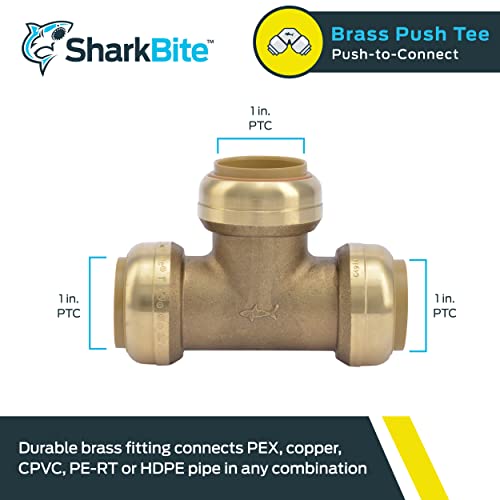 Image of SharkBite 1 Inch Tee, Push to Connect Brass Plumbing Fitting, PEX Pipe, Copper, CPVC, PE-RT, HDPE, U374LFA