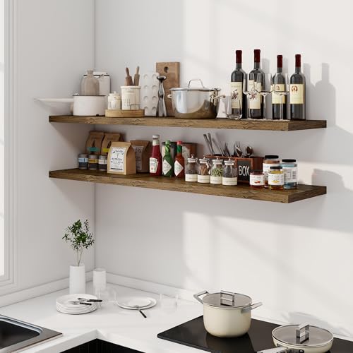 Image of Dreamland 55 inch Floating Shelves for Wall, 12 inch Deep Slim Rustic Brown Floating Shelves, Wall-Mounted Shelves for Bedroom, Living Room, Kitchen, Bathroom - Set of 2