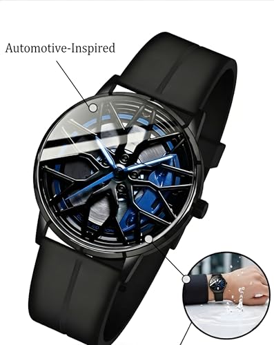 Image of Oculus Men's 3D Car Wheel Rotating Watch, Luxury Sport Quartz with Hollow Hub Dial, Magnetic Silicone Strap, Automotive-Inspired Design, Black Magnetic Straps