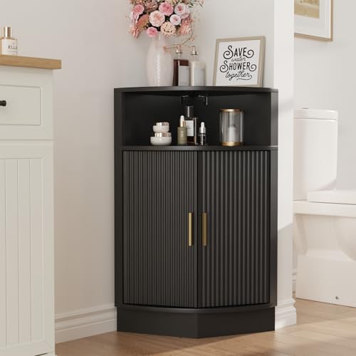 FiveWillowise Small Corner Cabinet, Modern Black Corner Cabinet with Fluted Door and Open Shelf, Space Saver for Home Corner, Living Room, Kitchen, Bathroom