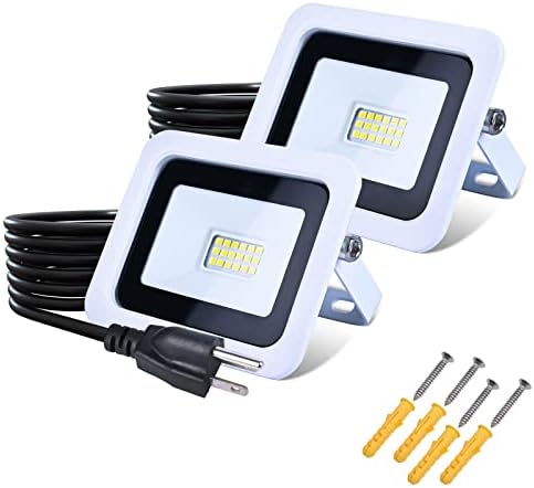 MIWAT 20W 2Pack Plug in LED Flood Light, Plug and Play Daylight LED Work Light, 4X3 inch White Shell IP68 Waterproof Outdoor Floodlights for White Wall, Eaves and Display Place