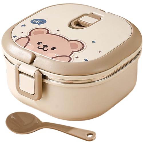 Hperu Fiambrera Térmica para Comida Caliente, Fiambrera Aislada Cuadrada de 700 Ml con Vajilla Patrón de Oso de Acero Inoxidable de Grado Alimenticio a Prueba de Fugas Caliente para Niños