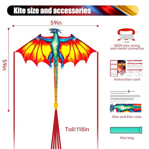 Yellow Dragon Beach Kite for Adults, Easy to Fly Kite for Kids Ages 4-12 - image 2