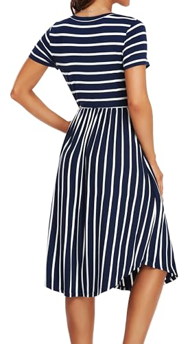 Image of Simier Fariry Womens Summer Modest Work Casual Midi Knee Dress Pocket Short Sleeve Teacher Outfits Spring Travel Clothes