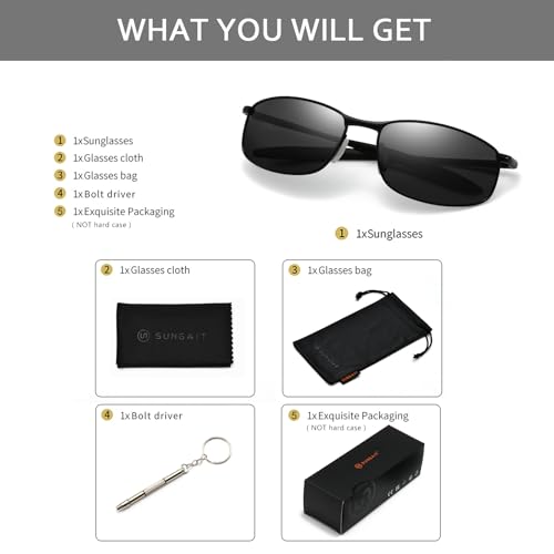 Image of SUNGAIT Mens Narrow Polarized Sunglasses Metal Frame Small Rectangle Retro Durable UV400 Protection