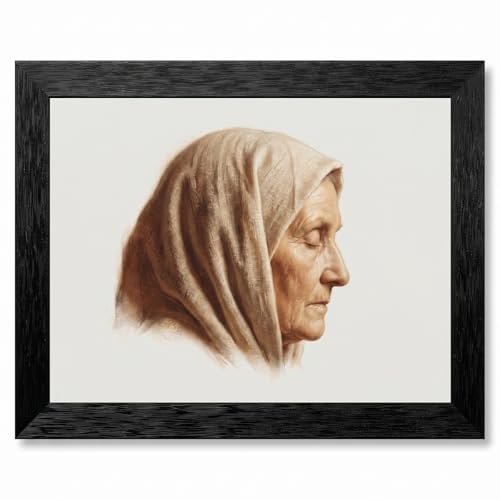 Framed Canvas Wall Art Classical Somber Portrait Elderly Woman in Scarf Sienna Cream Palette Canvas Print Poster Black Frame Wall Decor for Living Room, Traditional Art - Inch 12x16