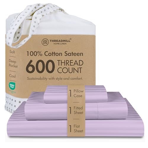 Image of Threadmill 100% Cotton Sheets for Twin XL Mattress| 600 Thread Count Twin XL Bed Sheets Set with 15 inch Deep Pocket | Damask Stripe Sateen Weave 3-Piece Bedding Set with Cooling Effect | Lilac