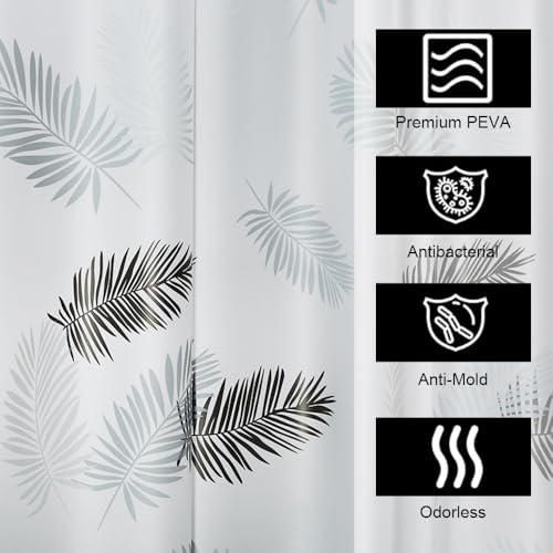 Lkw Ogechi Duschvorhang Anti Schimmel 240x180cm mit Haken, Plastik Wasserdicht Duschvorhang, PEVA Halbtransparent Waschbar Weiß Badezimmervorhang mit Schwarze Blätter