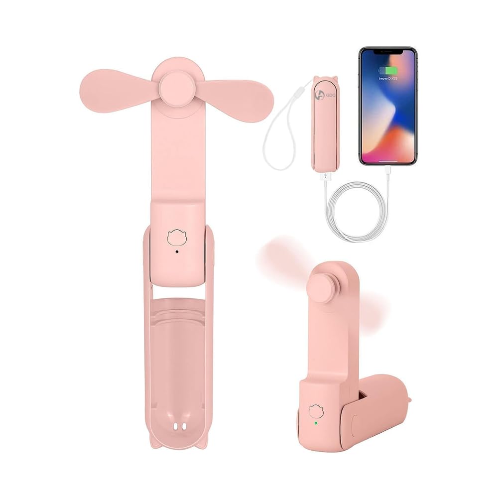 AMERTEER Handheld Mini Fan, 1200mAh Upgraded Portable Fan - USB Rechargeable Mini Hand Fan with Power Bank, 3 Adjustable Speeds, Foldable Personal Eyelash Fan for Girls Women, Travelling, etc (Pink)