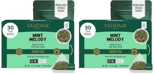 VAHDAM, Mint Green Tea Bags (30 Count) 100% Pure Leaf Tea, High Grown, Low Caffeine, Non GMO, Gluten Free | Individually Wrapped Plant-Based Pyramid Tea Bags | Direct from Source (Pack of 2)