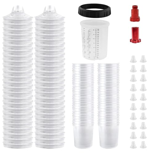 Image of Disposable Paint Spray Gun Cup Liners & Lid System, 50 Standard 27 Ounce (800ml) Kit - 190 Mic- 50 Cup Liners, 50 Lids with Strainer, 1 Hard Cup with Retainer Ring 20 Plugs,2 Cup Adapters