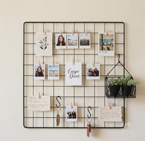 Image of Metal Wire Grid Photo Display Frame for Wall | 30 x 30 CM Black Iron Mesh Memo Board | Wall Mounted Picture Organizer for Photos, Notes, Postcards, Artwork, Home Office Bedroom Decor