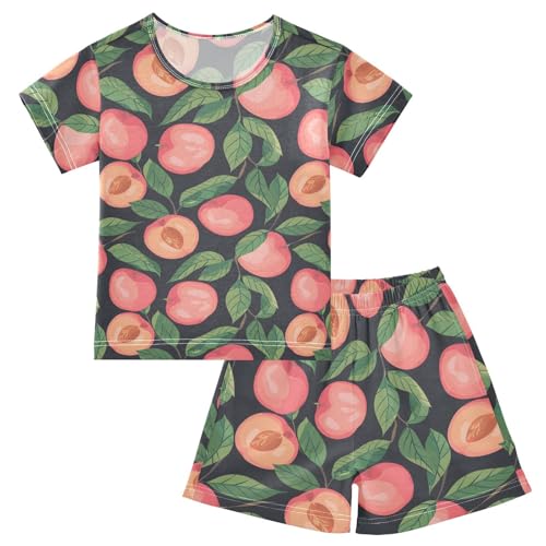 ALAZA Peach Fruit Green Leaves Pajamas Short Sleeve 2 Piece Sleepwear Top and Bottom Pajama Set Unisex