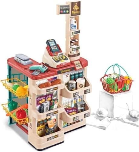 Vilom スーパーマーケットごっこ 48点フルセット|本格レジ・スキャナー・カート付きでリアルなお店屋さん体験を楽しめる知育玩具|果物・野菜・食品小物入りで創造力と社会性を育むロールプレイおもちゃ (レッド,ハンドバスケット)