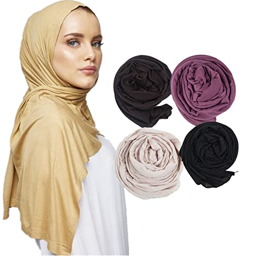 KXY 4 Pieces Stretchy Soft Cotton Shawl Long Jersey Scarf for Women Muslim Plain Wrap Hijab Head Scarf