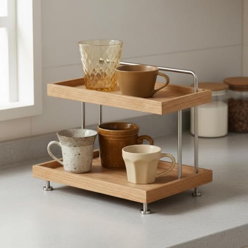 FJMQHU Kitchen Shelf 2 Tier Storage Rack Stand With Wooden Layers And Metal Brackets Arrangement Suitable for pantry counters coffee stations vanity tops craft rooms shared, Cherry Wood Color - Image 7