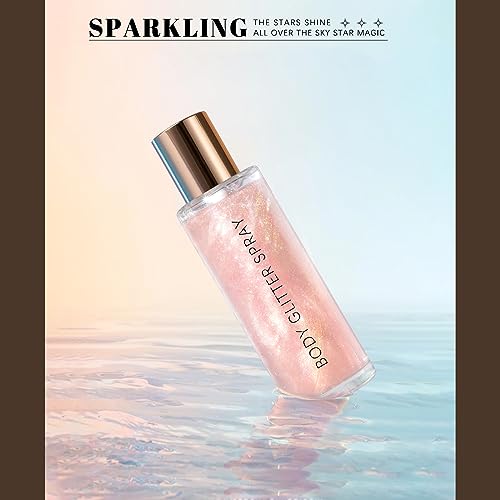 HOSAILY Body Glitter Spray, Moisturizing Bronze Body Shimmer Luminizer Glow Illuminator Quick-Drying and Non-Sticky Liquid Highlighter Spray for Face Hair Glitter, 60ML -Pink