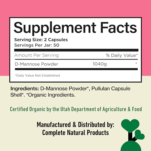 Image of D Mannose 520mg Capsules - Organic D Mannose Supplement for UTI Support, Urinary Tract Bladder Health Pills, Plant Based Formula, Vegan Non GMO, No Fillers, 100 Capsule Count Made USA Certified Kosher