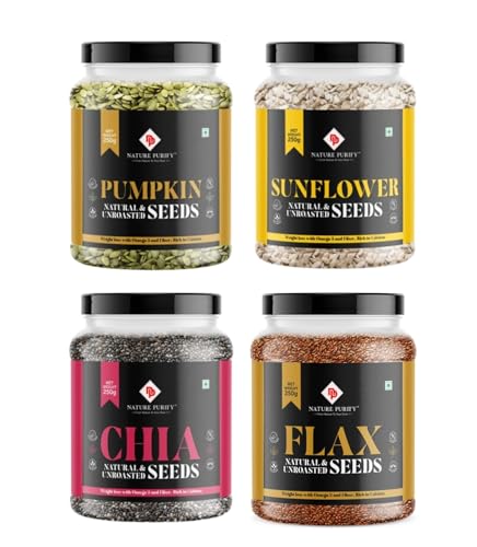Image of Nature Purify Healthy Seeds Combo- Pumpkin, Sunflower, Chia and Flax Seeds (250g Each) | Rich in Omega 3, Fiber, Raw Seeds for Weight Management, Immunity Booster, Healthy Heart (Pack of 4)